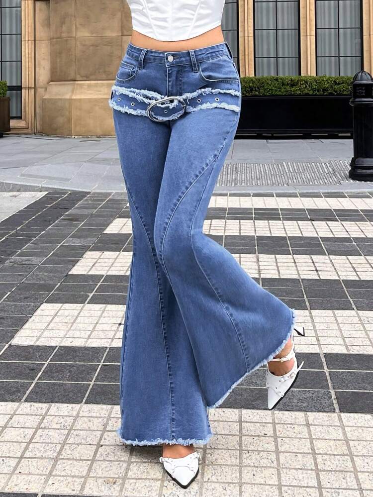 Raw Trim Buckle Front Flare Leg Jeans