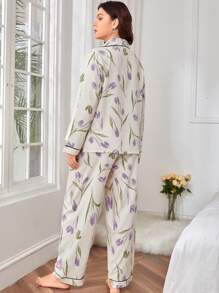 Plus Floral Print Contrast Piping PJ Set / Pajama Set - Beige - View 3