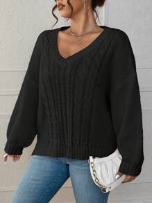 Calvaya 加大码麻花针织落肩套头毛衣秋冬毛衣 - 黑色 - 查看 7