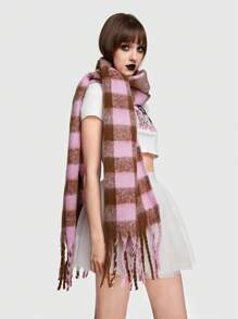 ROMWE 1pc Women Plaid Pattern Fringe Hem Scarf - Multicolor - View 8