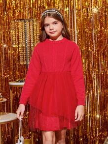 SHEIN Tween Girl Mesh Hem Sweater Dress - Red - View 4