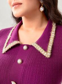 Modelyn Hơn Viền tương phản Nút phía trước Đầm Áo len - Màu tím  Violet - Xem 5