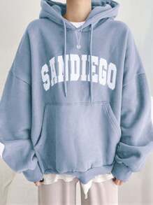 DAZY Thermal Lined Hooded Sweatshirt For Women, Casual Letter Print Pullover, Autumn/Winter