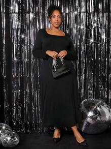 SHEIN CURVE+ Talla grande Vestido estilo camiseta de cuello cuadrado - Negro - Ver 4