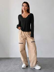 SHEIN EZwear 春季纯黑色粗纺棉质翻领长袖修身T恤 - 黑色 - 查看 6