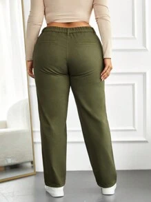 RueChic Plus Solid Slant Pocket Straight Leg Pants - Army Green - View 2