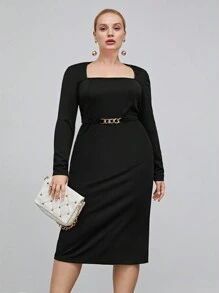 BizChic 大碼方領後背開衩洋裝 - 黑色 - 查看 1