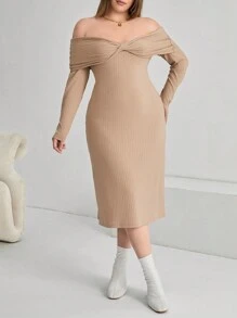 SHEIN Privé Plus Solid Off Shoulder Twist Front Dress - Apricot - View 5