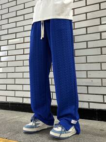 Claim Dot Loose Fit Men's Letter Patched Drawstring Waist Sweatpants Going Out Plain Casual Baggy Royal Blue Drawstring Sweatpants, For Husband, Boyfriend Gifts