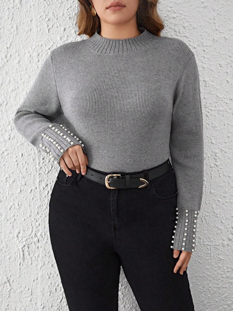 Plus Pearls Beaded Cuff Mock Neck Sweater