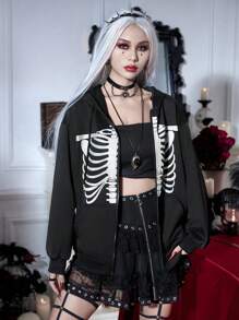PUNK Halloween Reflective Skeleton Print Drop Shoulder Sweatshirt Pullover Fall Outfit