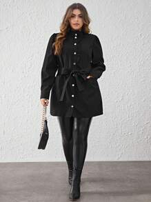 SHEIN Clasi Plus Ruffle Trim Belted Coat - Black - View 4