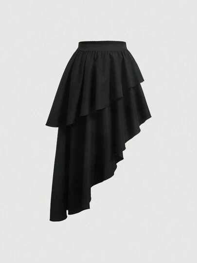 SHEIN MOD Solid Ruffle Trim Asymmetrical Hem Skirt