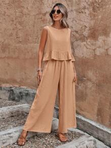 SHEIN Unity 後背鈕扣荷葉邊下擺上衣 & 闊腿褲 - 粉色 - 查看 3