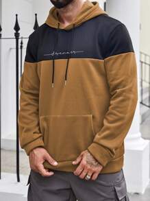 Manfinity Homme Men Plus Two Tone Letter Graphic Drawstring Hoodie - Khaki - View 1