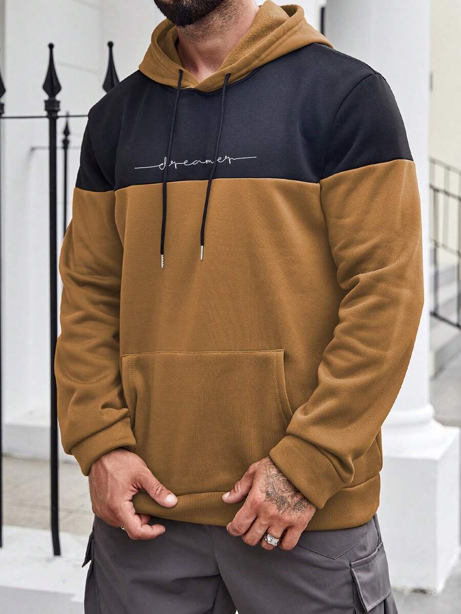 Manfinity Homme Men Plus Two Tone Letter Graphic Drawstring Hoodie - Khaki - View 1