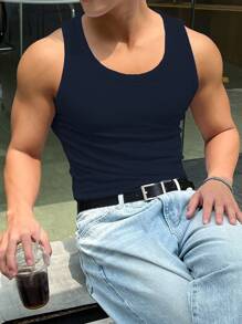 DAZY Nam Chất rắn Đồ đan Ribbed Áo ba lỗ - Màu xanh hải quân - Xem 5