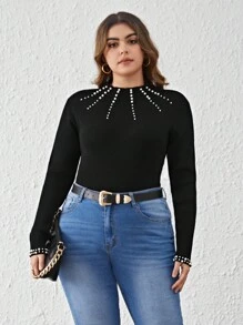 SHEIN Privé 秋冬珍珠串珠罗纹针织毛衣 - 黑色 - 查看 5