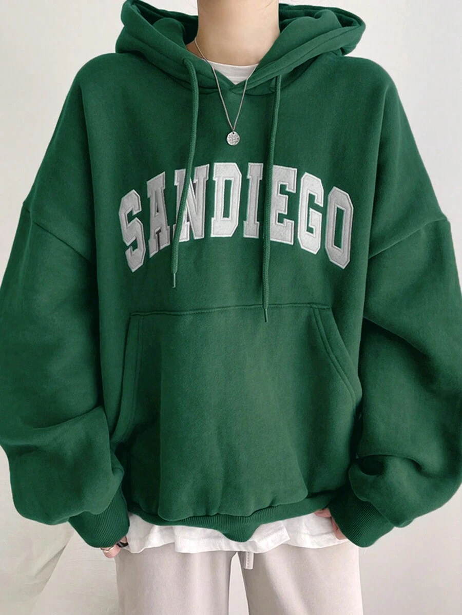 DAZY 女士保暖连帽卫衣，休闲字母印花套头连帽衫，秋冬 - 墨綠色 - 查看 1