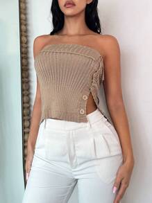 SHEIN SXY 紐扣細節下擺開叉抹胸針織上衣 - 卡其色 - 查看 1