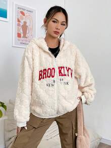 SHEIN EZwear 字母圖案落肩袖連帽毛絨夾克 - 杏色 - 查看 6
