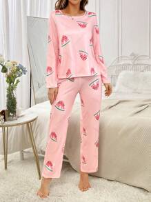 Watermelon Print PJ Set / Pajama Set, Fall Winter Clothes - Pink - View 2