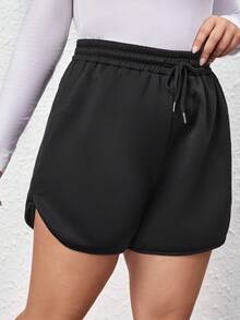 SHEIN LUNE Plus Drawstring Waist Dolphin Hem Shorts - Black - View 6