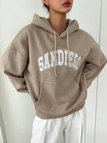 DAZY Thermal Lined Hooded Sweatshirt For Women, Casual Letter Print Pullover Hoodie, Autumn/Winter - Khaki - View 3