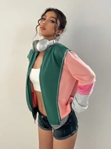 SHEIN Unity Áo khoác nhẹ có khóa kéo họa tiết tương phản thời trang thường ngày dành cho nữ, Xuân/Thu - Nhiều màu - Xem 6