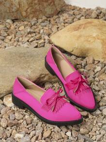 女式麻花邊和蝴蝶結裝飾厚底尖頭粗跟珍鞋,黑色