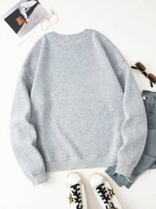 SHEIN EZwear 字母圖案加絨內裏運動衫 - 淺灰色 - 查看 2