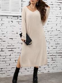 SHEIN LUNE 大碼下擺開叉T恤洋裝 - 杏色 - 查看 1