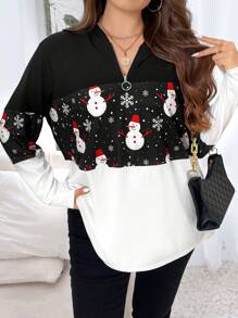 Calvaya Plus Size Christmas Snowman Print Half Zip Sweatshirt - Black and White - View 7