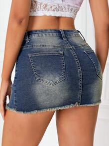SHEIN ICON Ripped Raw Hem Denim Skirt