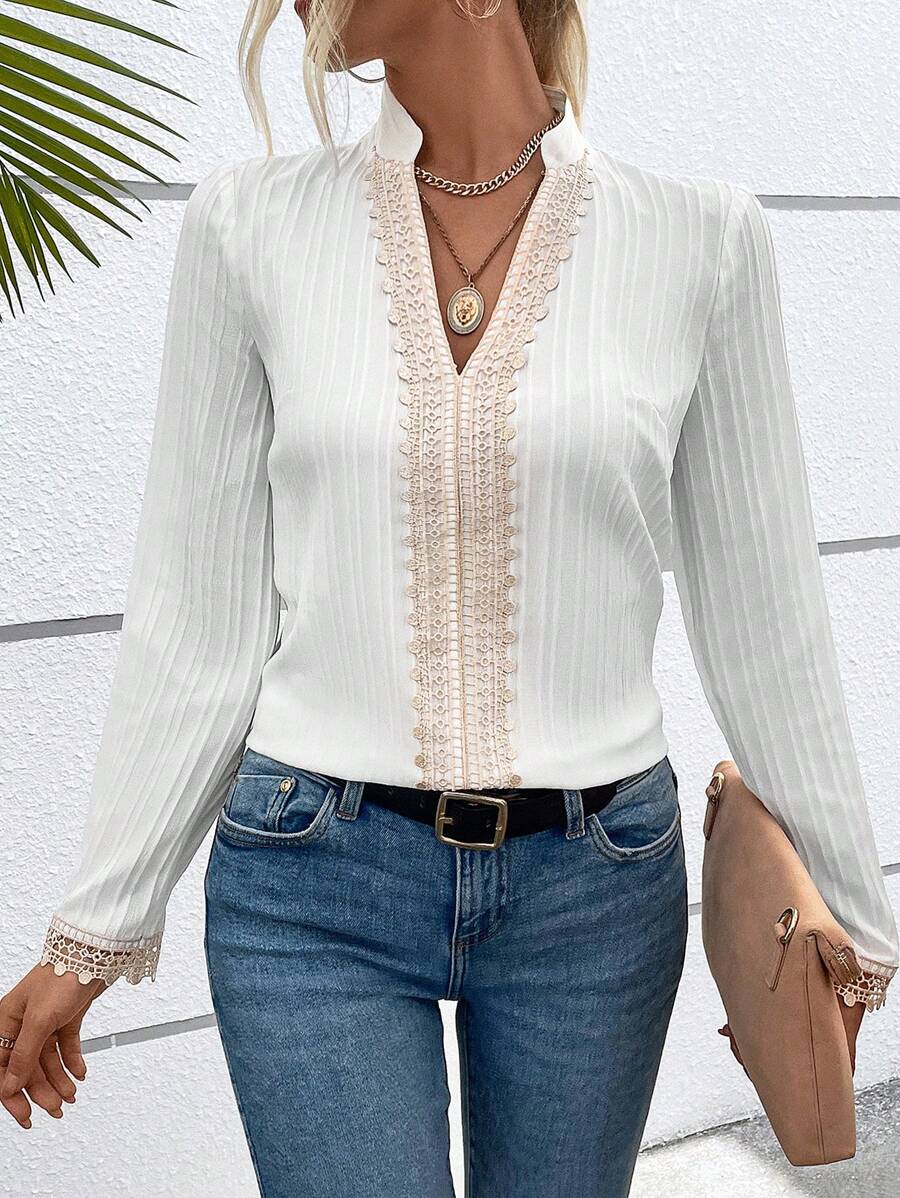 SHEIN VCAY Guipure Lace Panel Notched Neckline Blouse - White - View 1