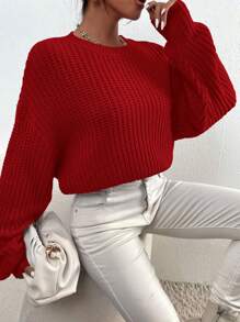 Chiquease Solid Ribbed Knit Drop Shoulder Sweater For New Year,Long Sleeve Tops Knit Pullover Fall Winter Sweater - Red - View 3