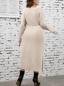 SHEIN LUNE 大碼下擺開叉T恤洋裝 - 杏色 - 查看 2