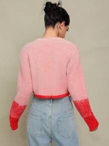 SHEIN EZwear Letter Pattern Drop Shoulder Crop Sweater - Pink - View 2