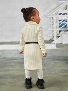SHEIN Baby Girl Ruffle Trim Turtleneck Dress & Belt Bag - Apricot - View 2