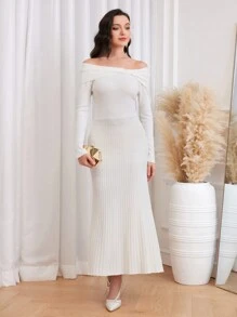 Modelyn Off Shoulder Mermaid Hem Bodycon Sweater Dress Fall Cloth For Women - White - View 6