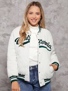 Teen Girl Letter Graphic Striped Trim Drop Shoulder Quilted Coat