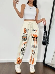 SHEIN Unity Skull & Snake Print Pocket Drawstring Waist Casual Sweatpants - Apricot - View 3
