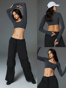 GLOWMODE Ribbed Modal Square Neck Long Sleeve Ultra Crop Top With Thumbhole - Iron Gray - View 8