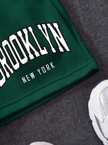 INAWLY Letter Graphic Drawstring Waist Track Shorts - Dark Green - View 8