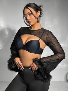 SHEIN ICON Plus Fuzzy Cuff Super Crop Top Without Bra - Black - View 3