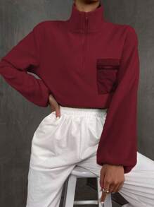 SHEIN Unity Chất rắn Vá Túi Một nửa khóa kéo Áo nỉ - Đỏ - Xem 3