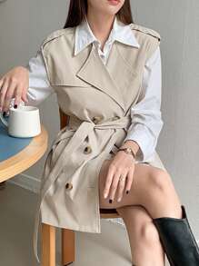 DAZY 1 chiếc áo khoác vest có thắt lưng đôi - Màu be - Xem 1