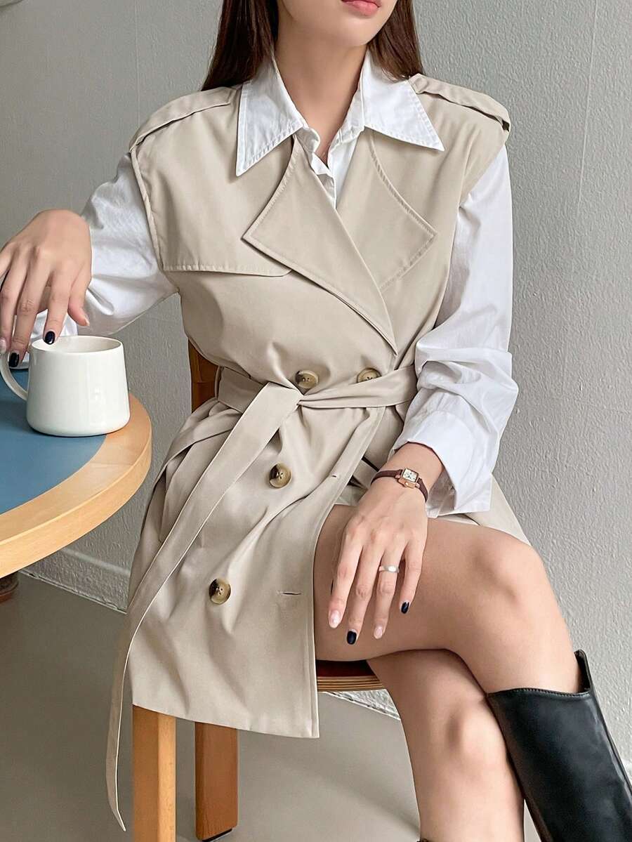 DAZY 1 chiếc áo khoác vest có thắt lưng đôi - Màu be - Xem 1