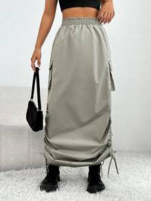 SHEIN PETITE Flap Pocket Drawstring Hem Cargo Skirt - Mint Green - View 5