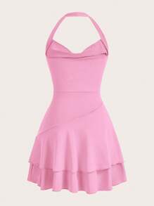 SHEIN MOD Summer Going Out Pink Women's Draped Front Ruffle Hem Halter Neck Backless Dress,Pastel Dresses For Women